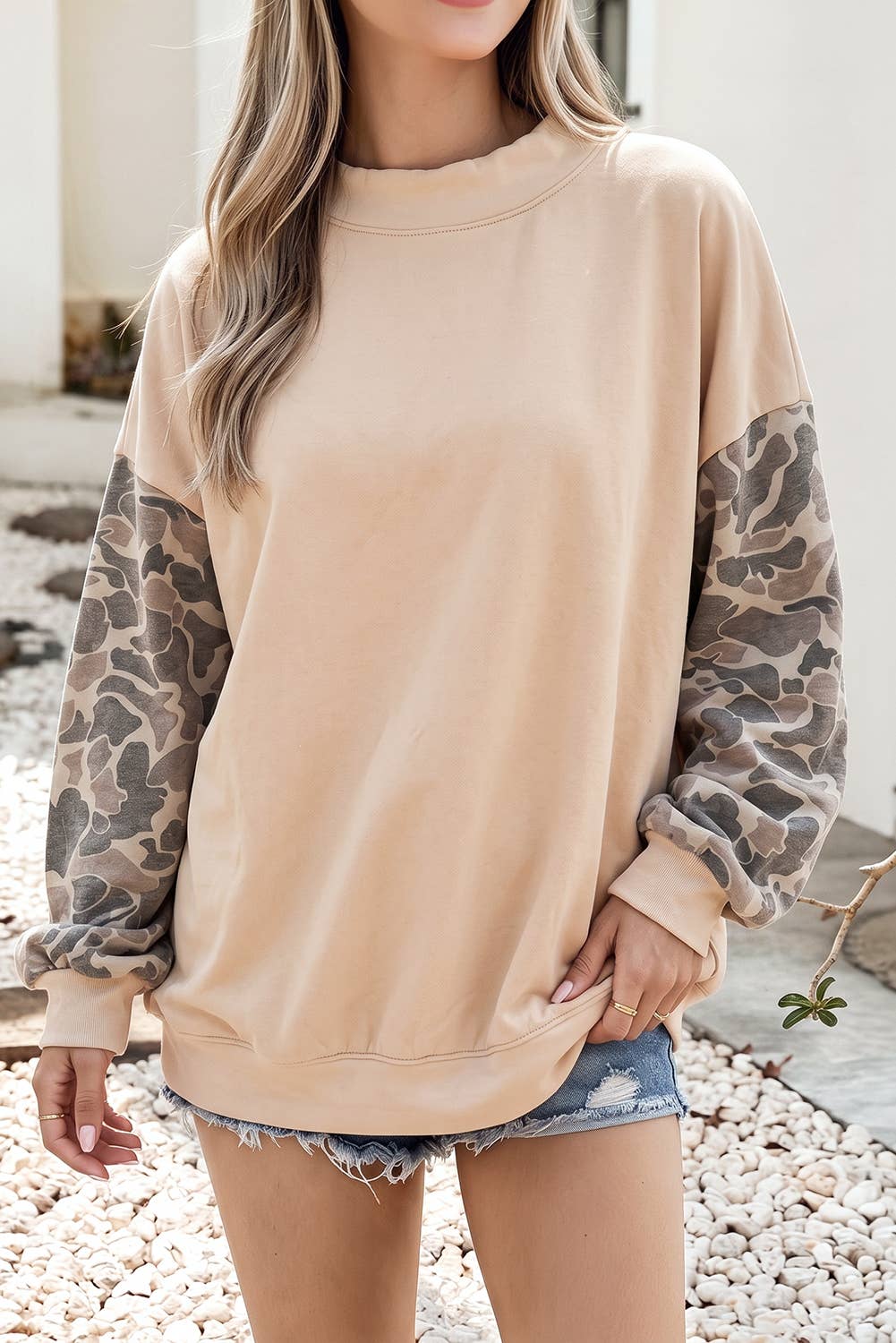 Camo Colorblock Contrast Trim Oversized Sweatshirt: Beige