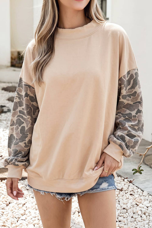 Camo Colorblock Contrast Trim Oversized Sweatshirt: Beige