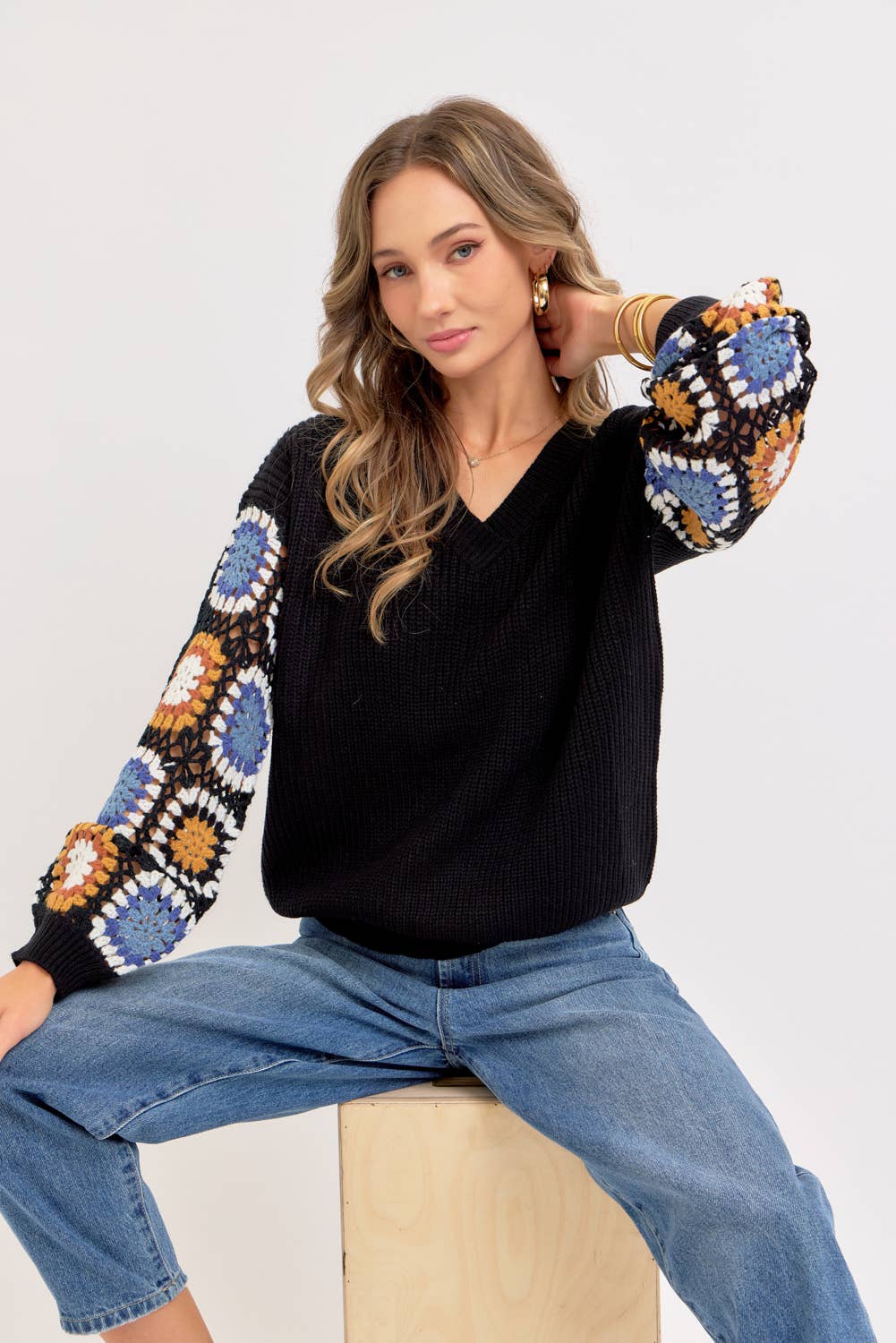 CROCHET PATCHWORK SWEATER: IVORY/ORANGE / Contemporary
