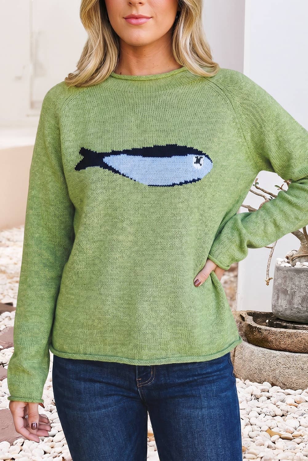 LDC Marine Fish Pattern Raw Edge Loose Sweater Cardigan|S-4X: Meadow Mist Green