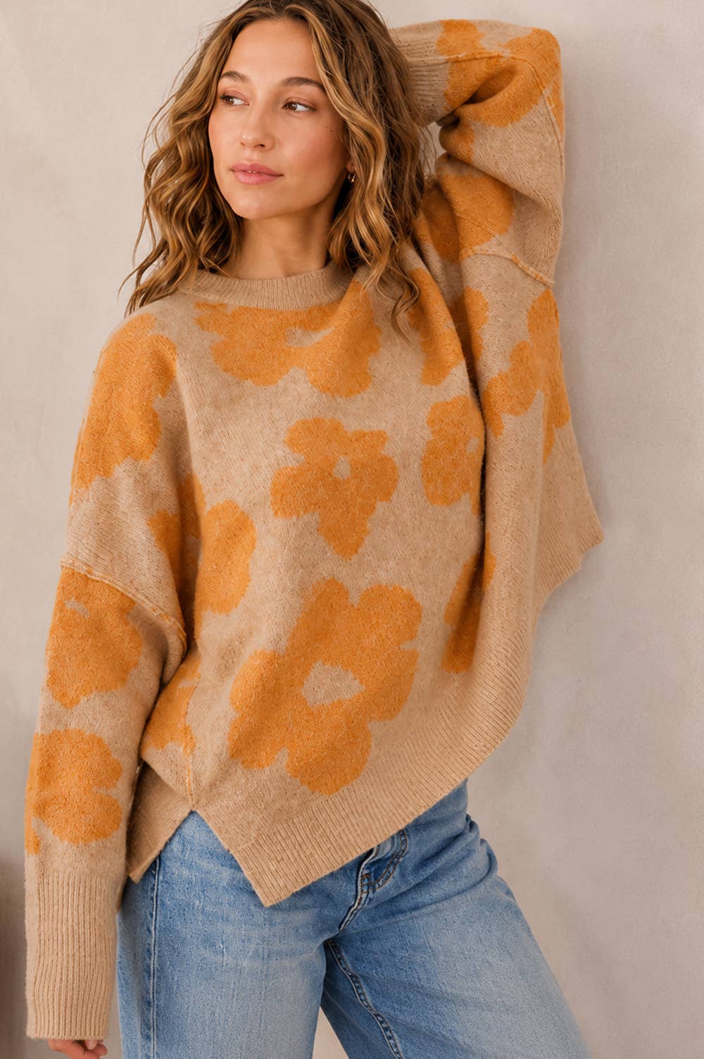 CREW NECK FLORAL LOOSE FIT SWEATER KNIT TOP: PUMPKIN PURPLE / Contemporary