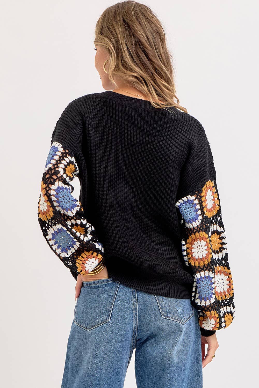 CROCHET PATCHWORK SWEATER: IVORY/ORANGE / Contemporary