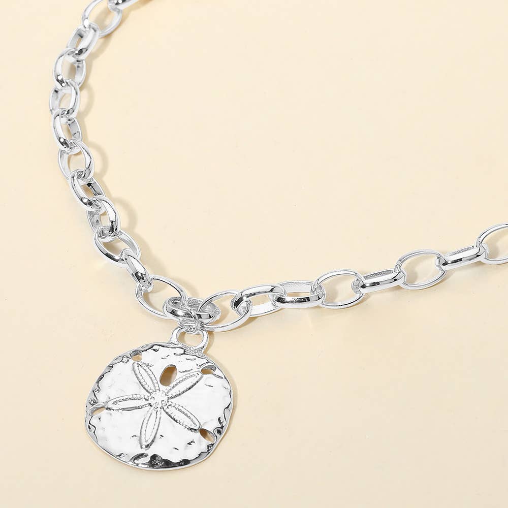 Hammered Metal Sand Dollar Pendant Chunky Chain Necklace: Rhodium
