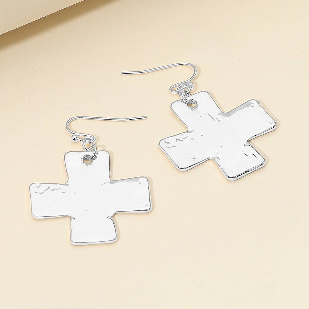 Hammered Metal Cross Dangle Earrings: Rhodium