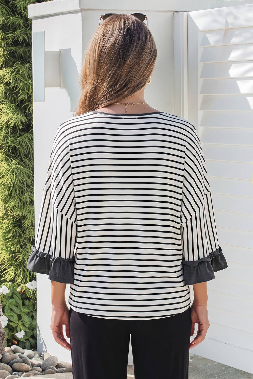 Striped V Neck Ruffle Contrast Sleeve Pants 2pcs Set: Gray Stripe
