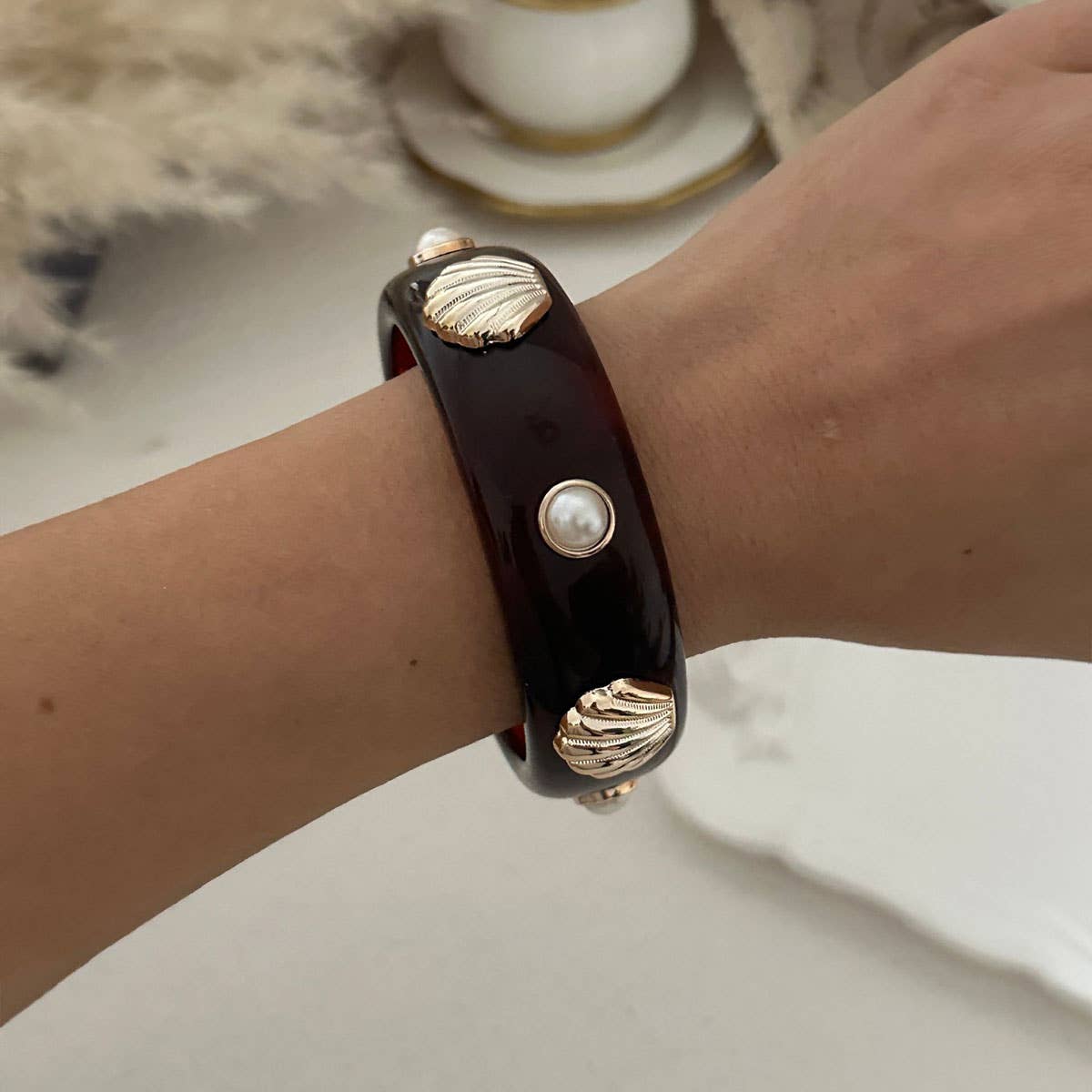 Pearl & Shell Accent Resin Bangle Bracelet: 1