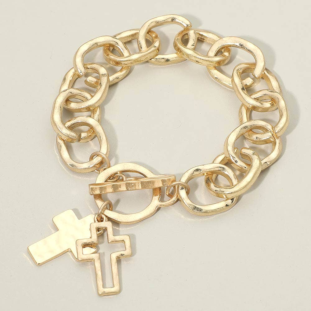 Hammered Layered Cross Charm Chunky Chain Toggle Bracelet: Worn Gold,Worn Silver
