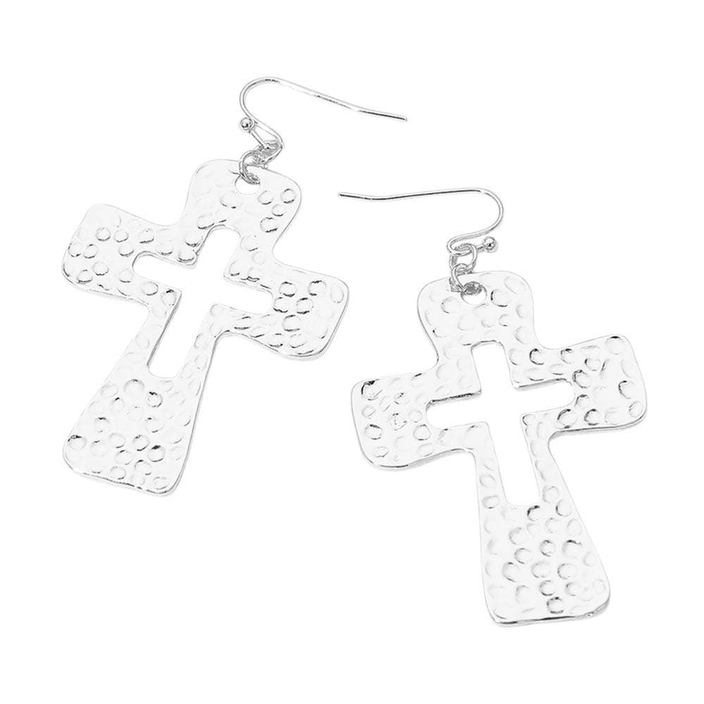 Hammered Metal Open Cross Drop Dangle Earrings: Gold