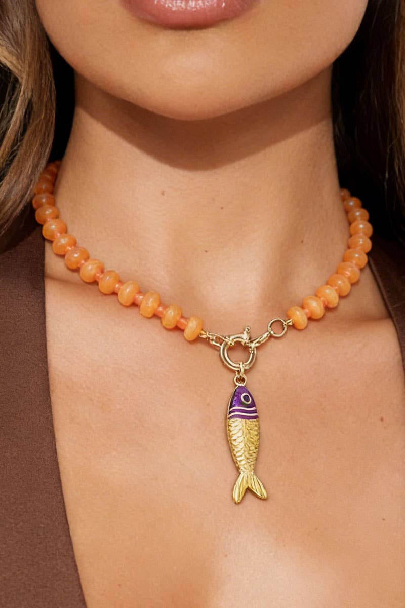 Beaded Fish Pendant Statement Necklace: Orange