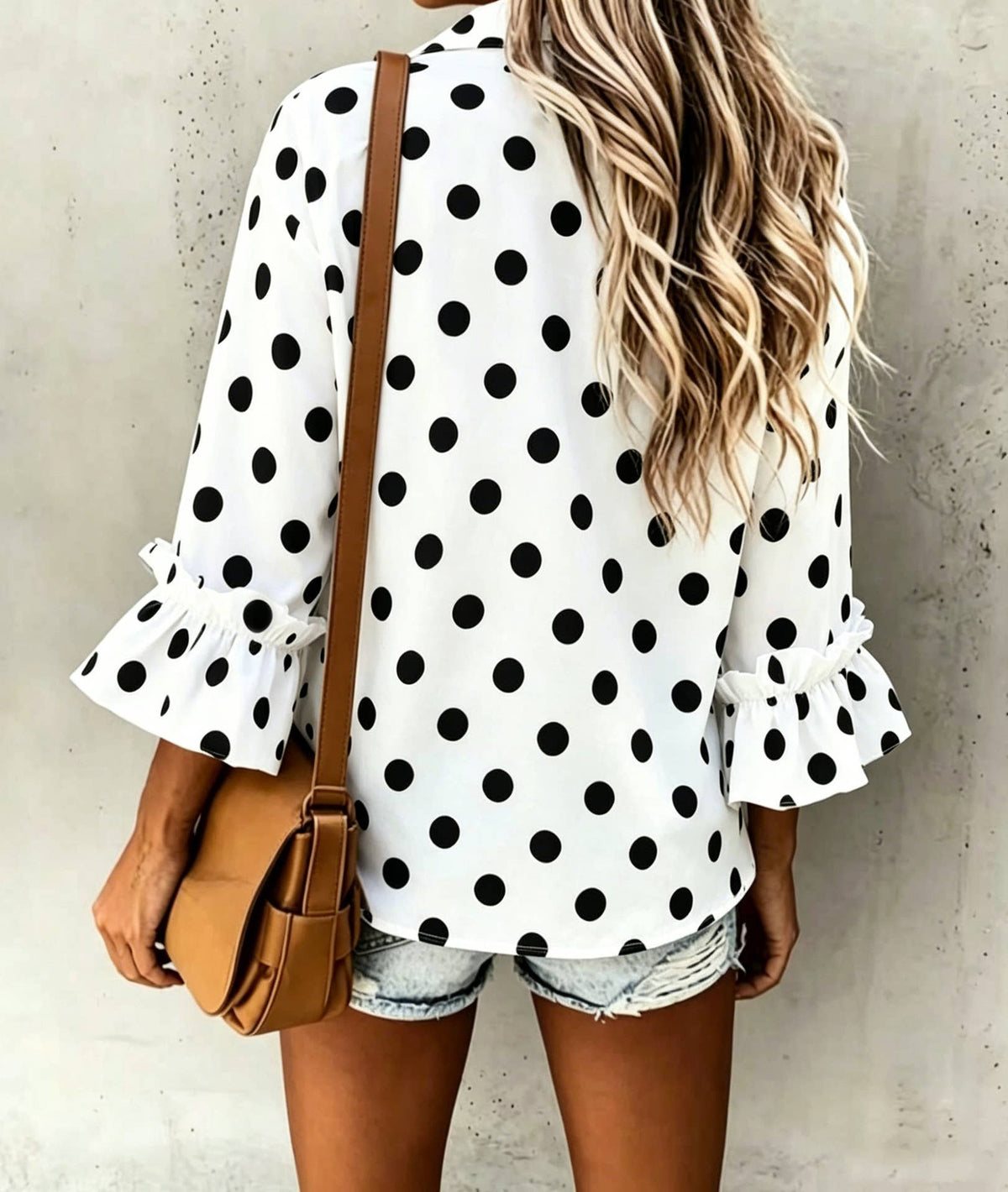 Polka Dot ruffle 3/4 sleeve button up blouse: White