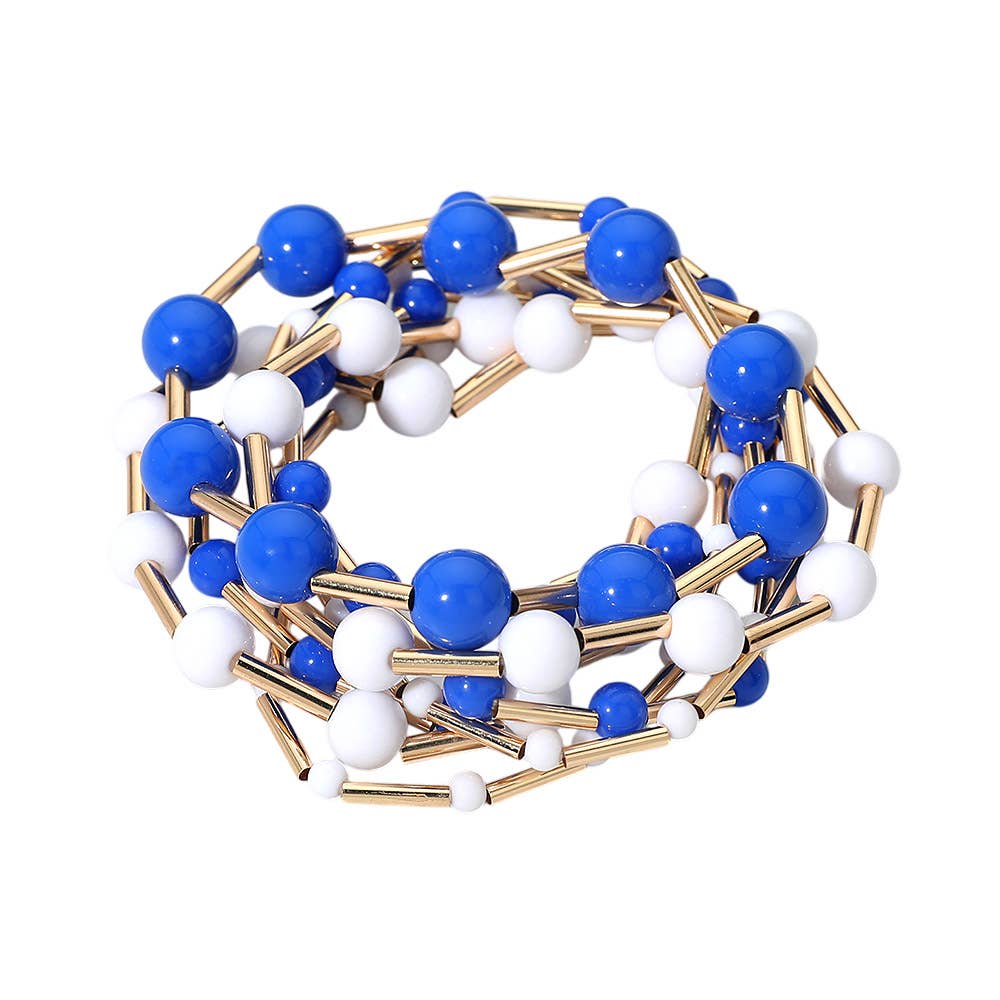 7PCS - Resin Ball Metal Bar Beaded Stretch Stackable Multi Layered Bracelets: Pink&Green