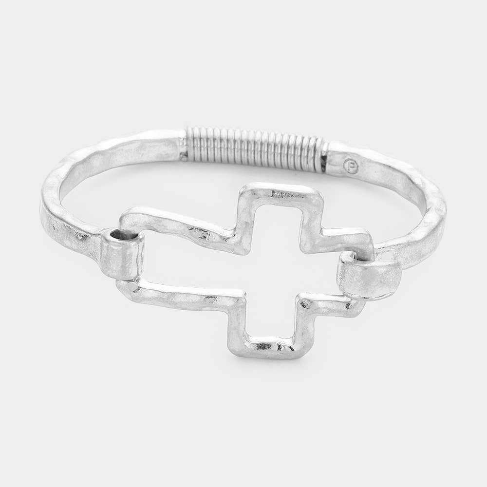 Hammered Open Metal Cross Hook Bracelet: Worn Silver