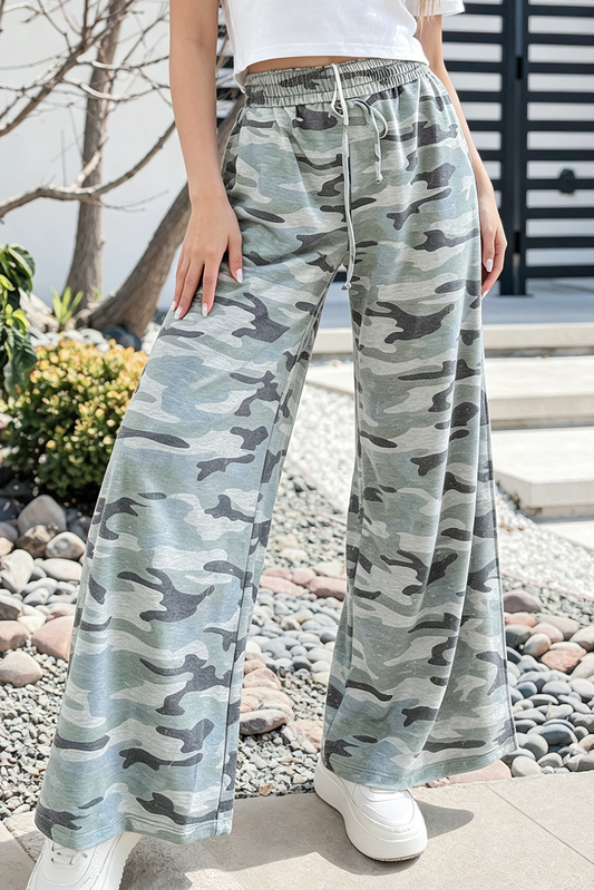 Camo Wide Leg Full-Length Pants: Green