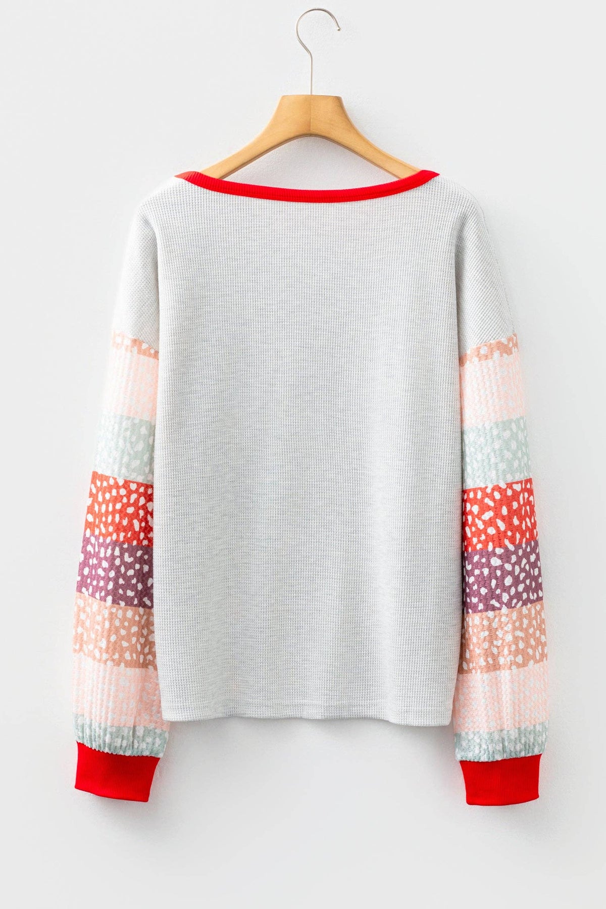 Jet Stream Contrast Leopard Color Block Sleeve Loose Pullover: Jet Stream / 75%Polyester+25%Cotton