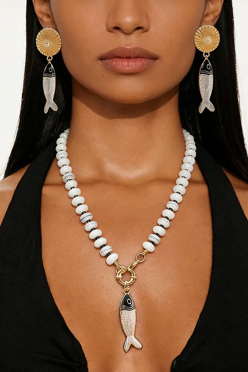 Beaded Fish Pendant Statement Necklace: Pink