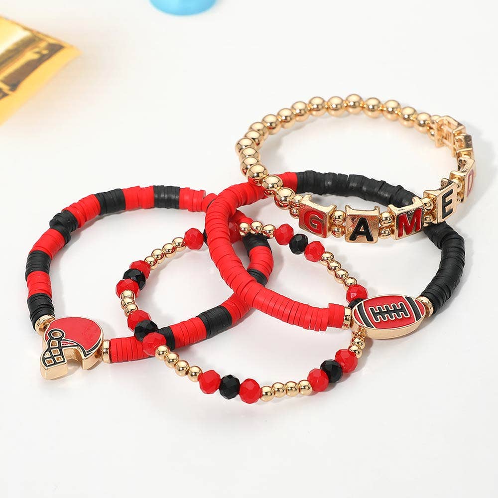 4PCS - GAMEDAY Football Charm Heishi Beaded Stretch Multi Layered Bracelets: Black Burgundy