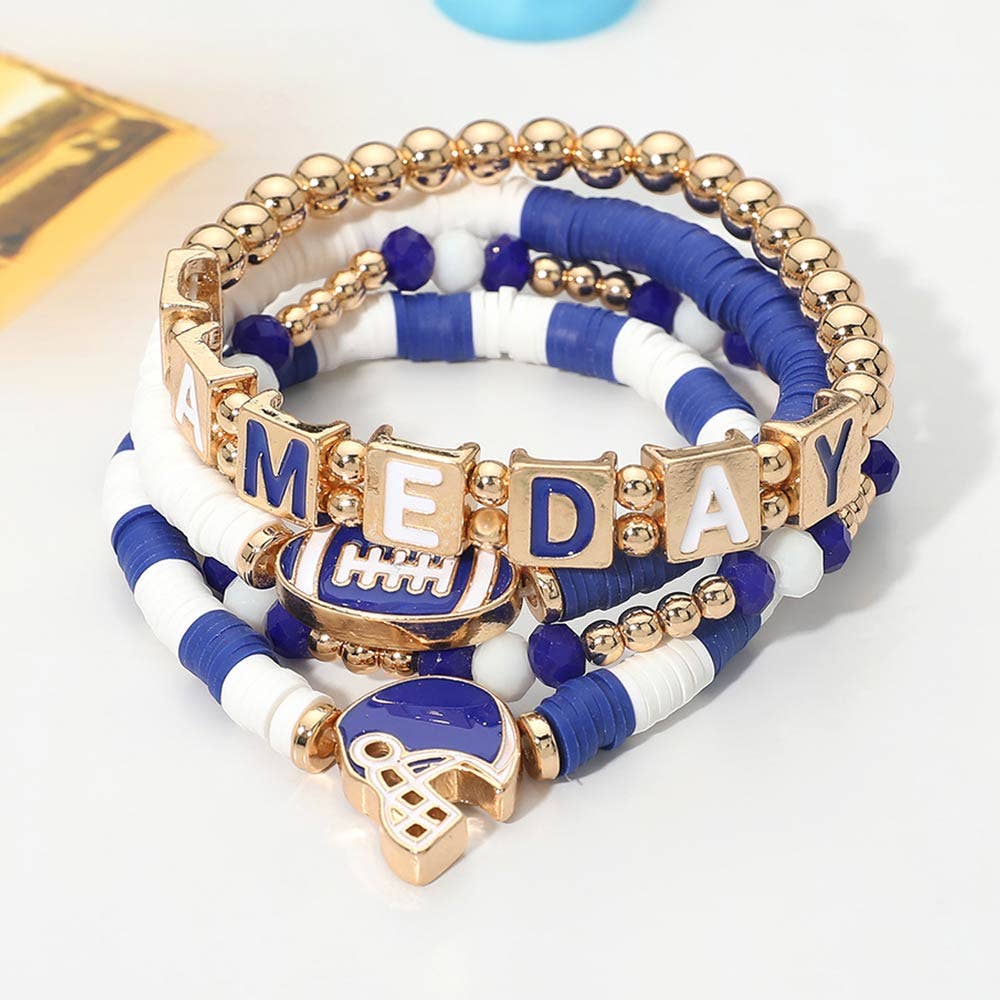 4PCS - GAMEDAY Football Charm Heishi Beaded Stretch Multi Layered Bracelets: Black Burgundy