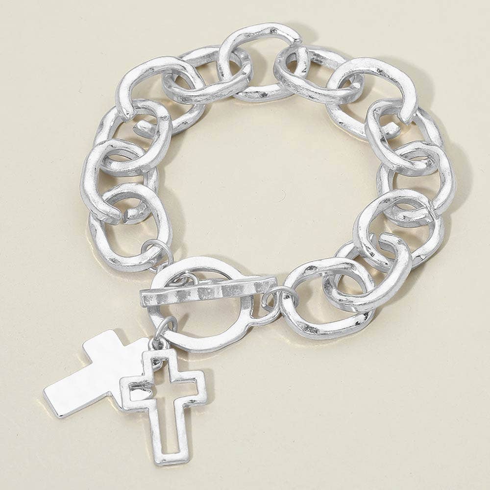 Hammered Layered Cross Charm Chunky Chain Toggle Bracelet: Gold,Worn Gold