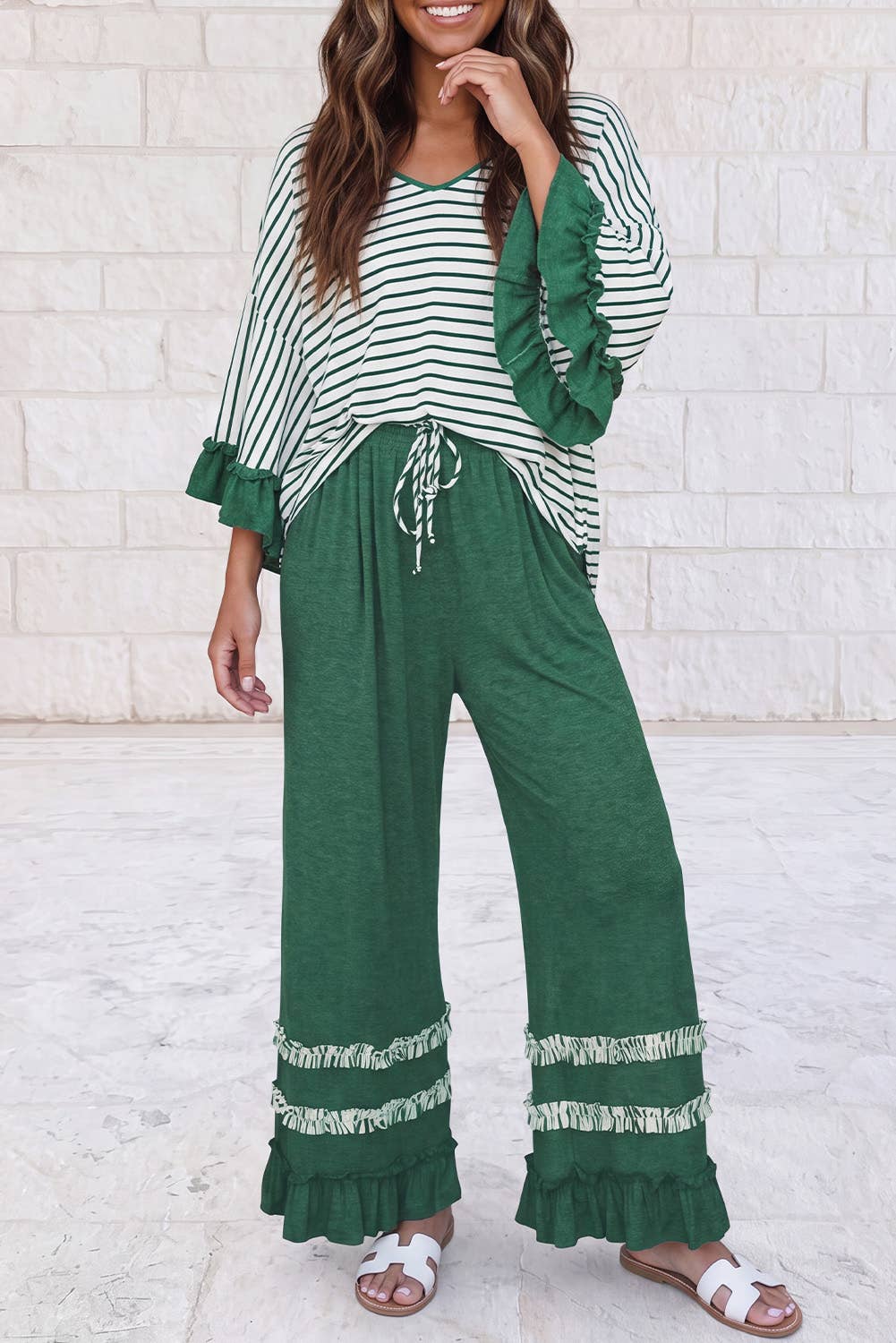 V Neck Ruffle Contrast Sleeve Drawstring Pants 2pcs Set S–4X: Green Stripe / S