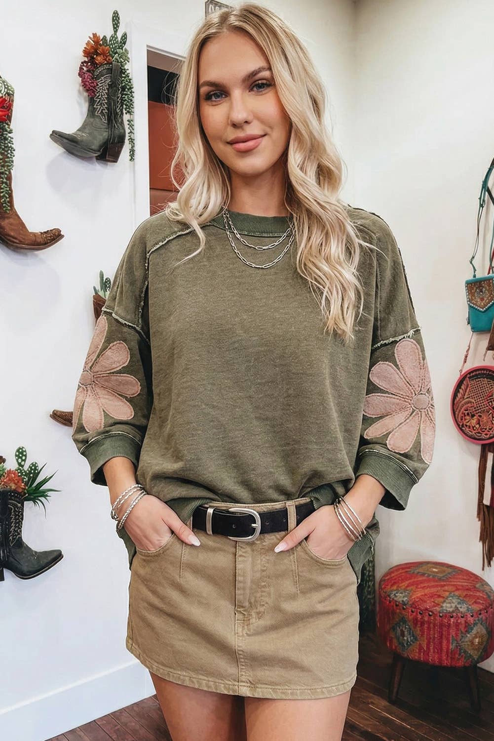 Western Mineral Wash Raw Seam Patchwork 3/4 Sleeve Top: Breen