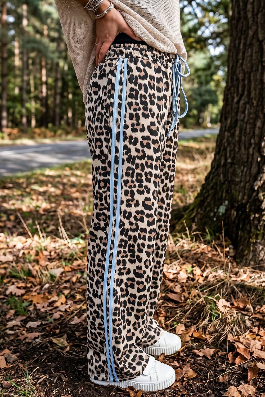 Leopard Print Rose Side Wide leg Stripe Detail Wide Pants: Rose