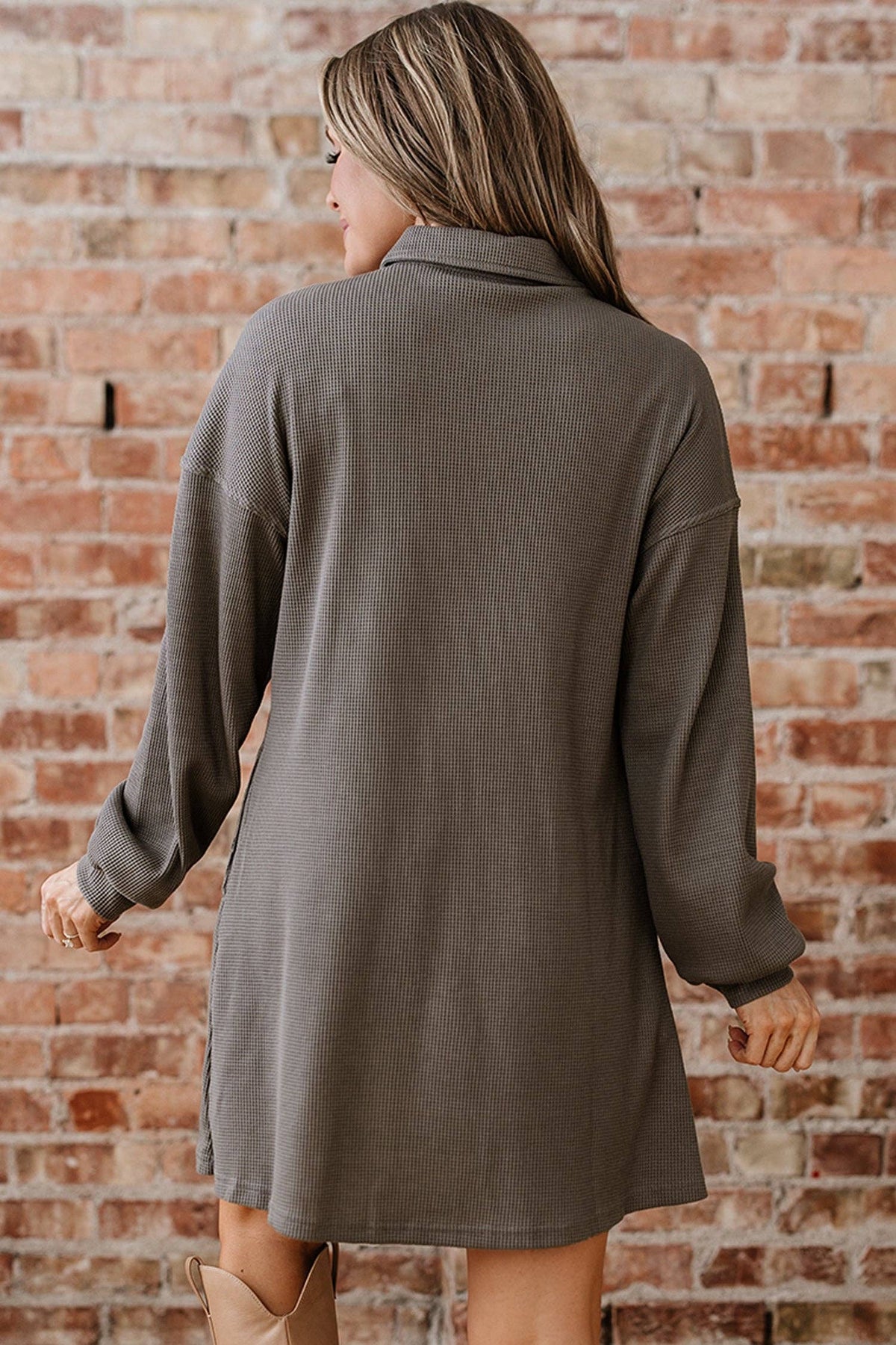 Simply Taupe Waffle Knit Shirt Tunic Dress: Simply Taupe / 75%Polyester+25%Cotton