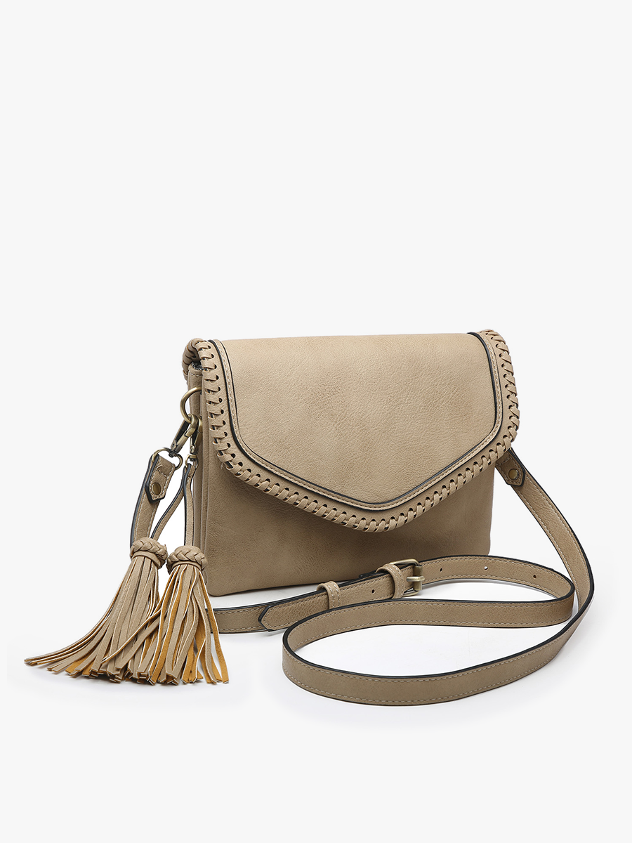 Sloane Flapover Crossbody w/ Whipstitch and Tassel | M1802A : Brown