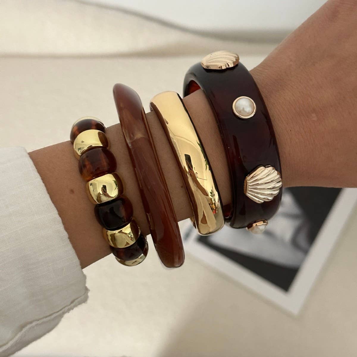 Pearl & Shell Accent Resin Bangle Bracelet: 3