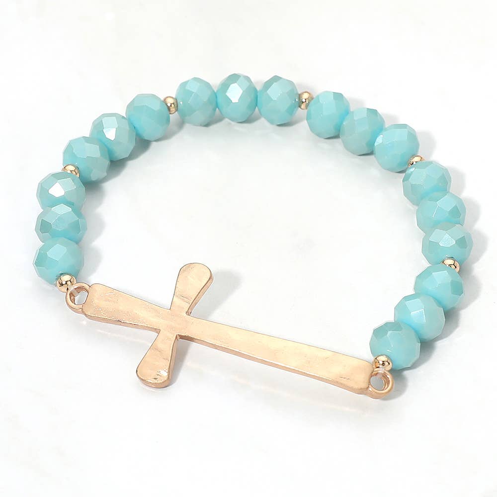 Brushed Hammered Metal Cross Accent Faceted Beaded Stretch Bracelet: Light Blue