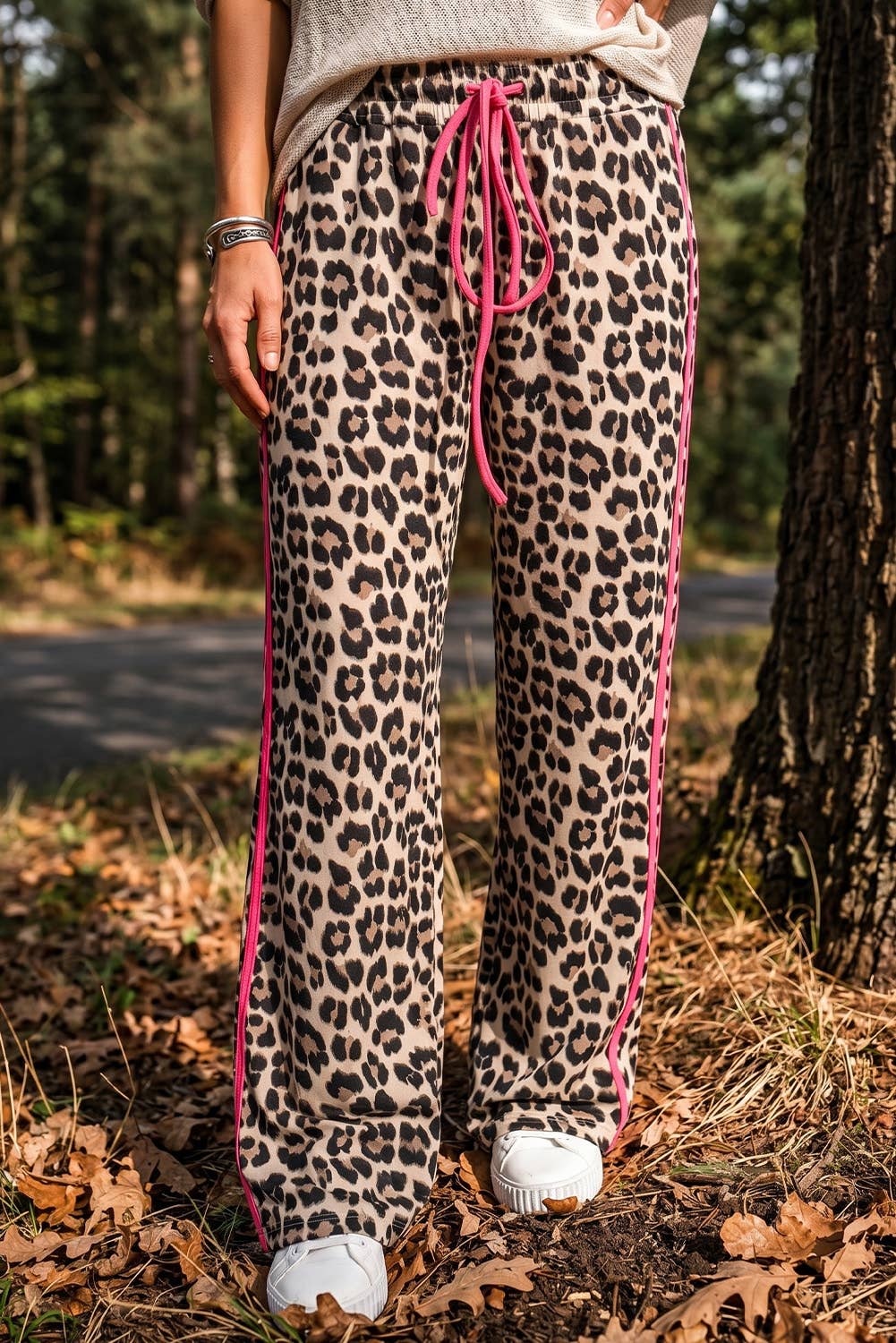 Leopard Print Rose Side Wide leg Stripe Detail Wide Pants: Rose