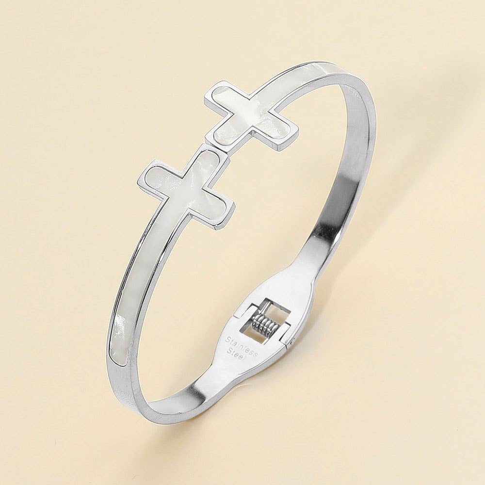 Stainless Steel Mother of Pearl Double Cross Tip Hinged Bangle Bracelet: Mother of Pearl,Silver