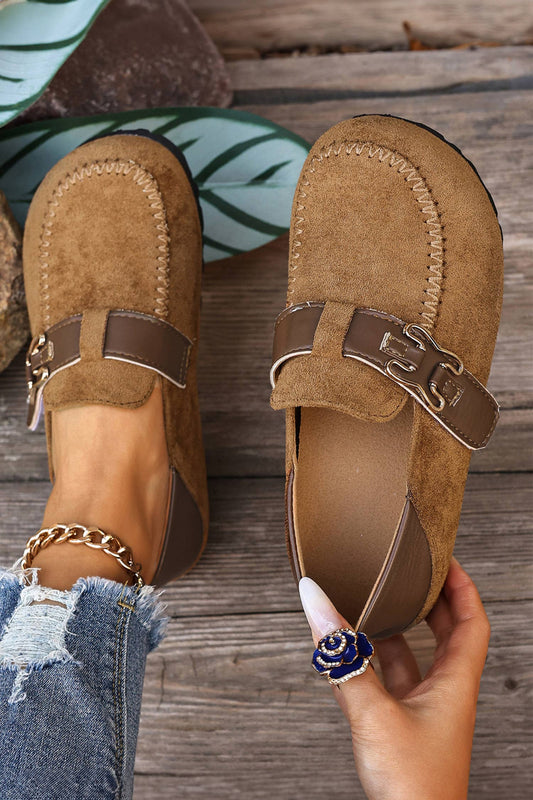 Faux Suede PU Leather Patchwork Retro Buckle Slip On Shoes: Khaki