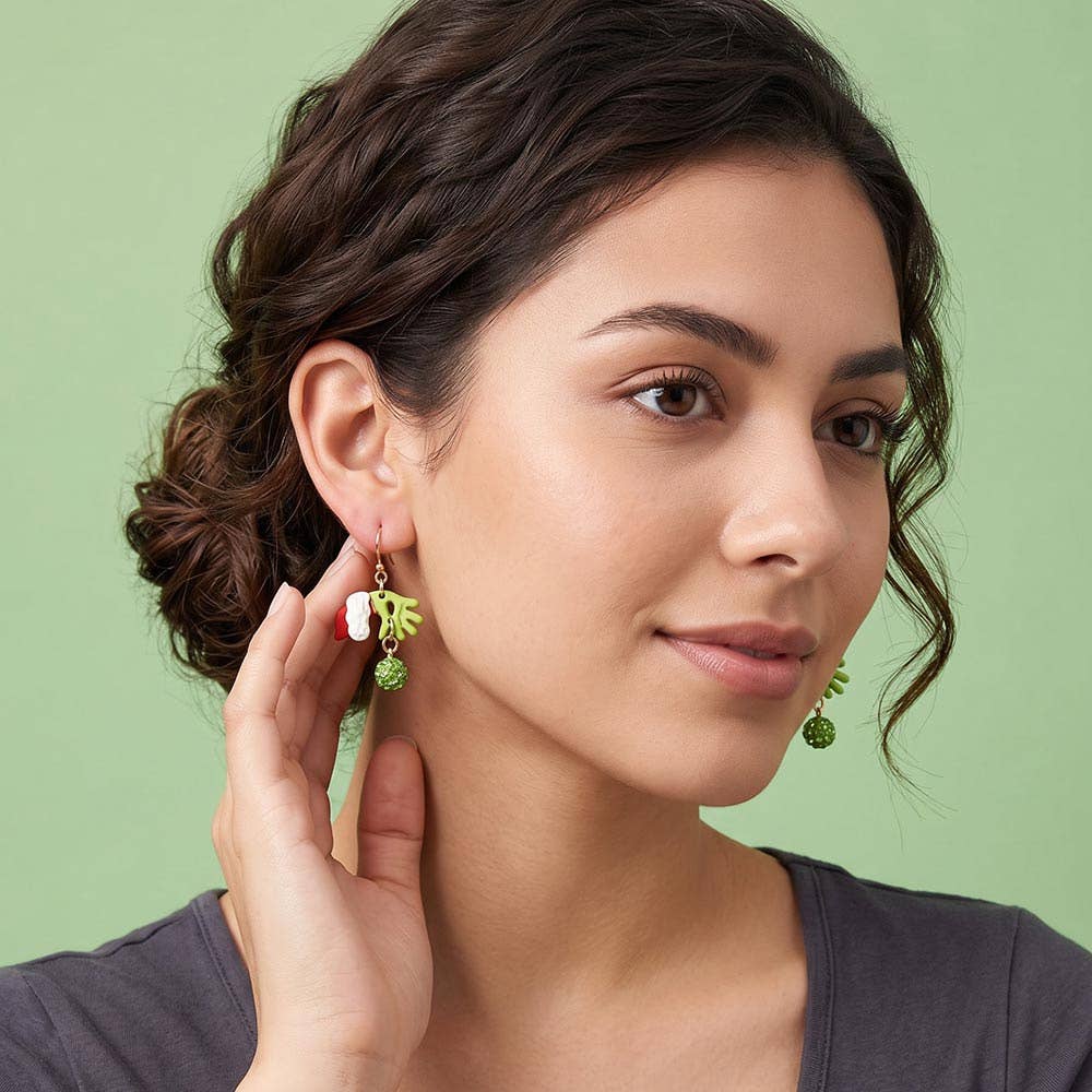Grinch Santa Hand Christmas Ornate Drop Charm Dangle Earrings: Gold