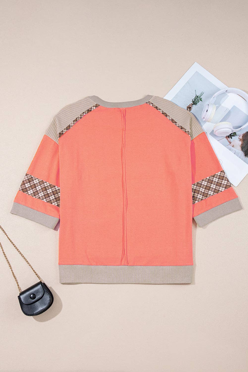 Grapefruit Orange Plaid Waffle Flower Patchwork Bracelet Sleeve Top: Grapefruit Orange / 95%Cotton+5%Elastane