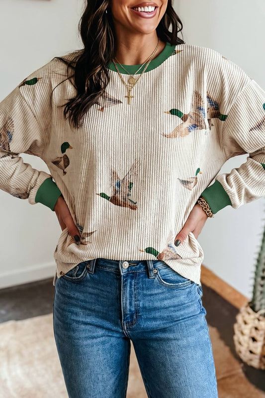 Twisted Ribbed Duck Crewneck Casual Pullover Sweatshirt: Beige /