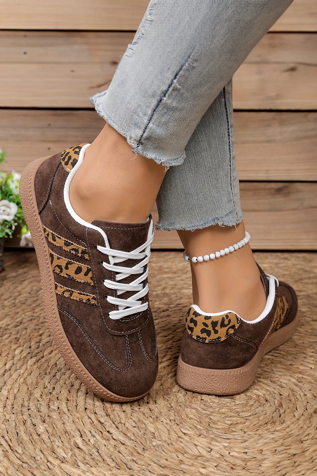 Coffee Faux Suede Leopard Print Sleek Leather Detail Lace Up Sneakers