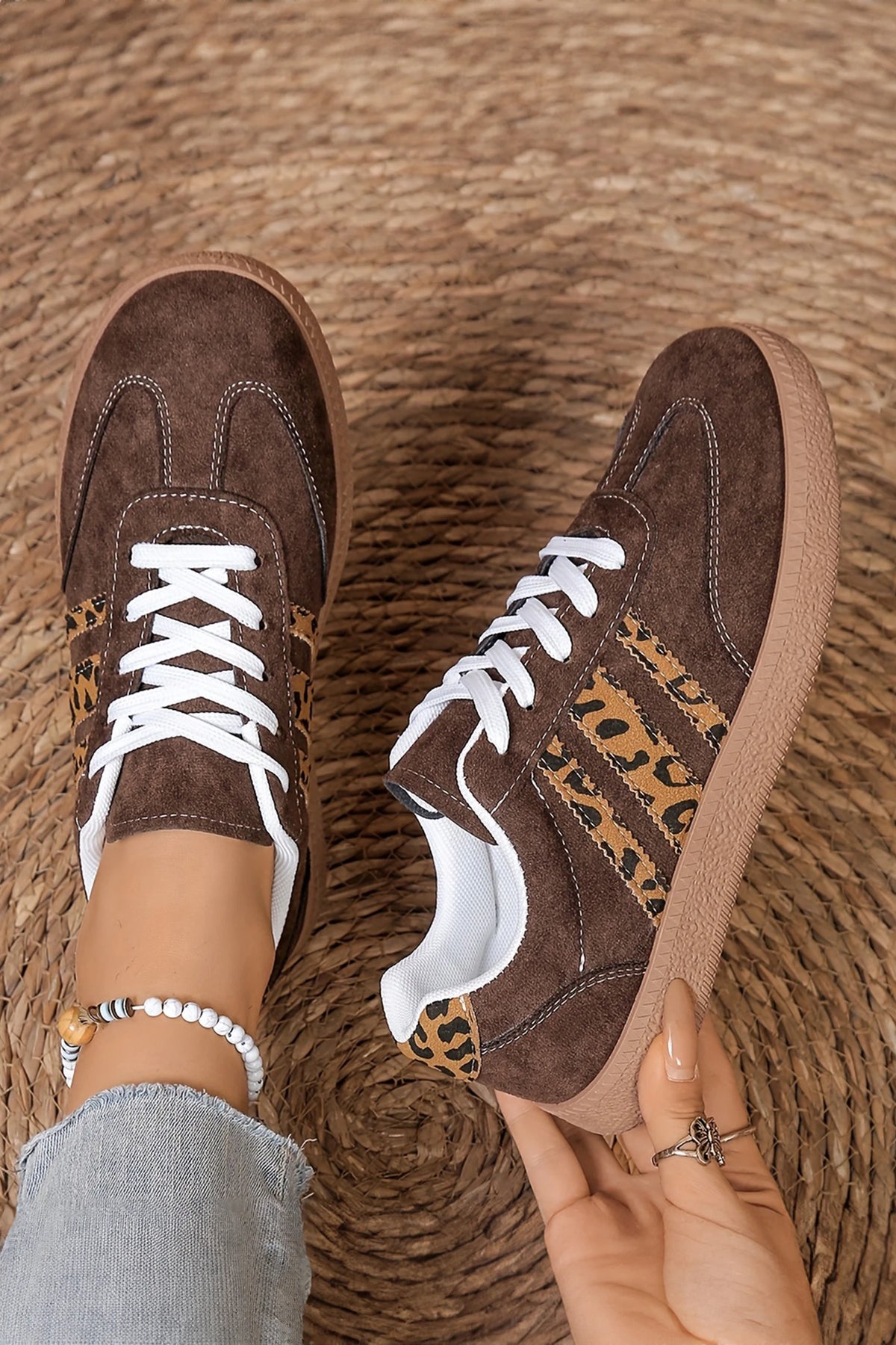 Coffee Faux Suede Leopard Print Sleek Leather Detail Lace Up Sneakers