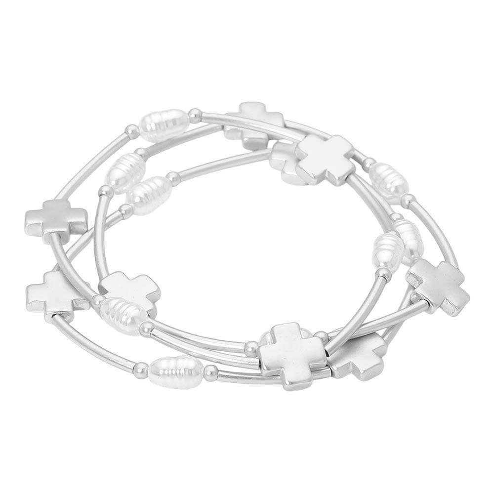 3PCS - Cross Charm Pearl Beaded Stretch Multi Layered Bracelets: Matte Silver,White