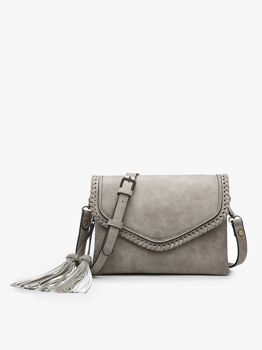 Sloane Flapover Crossbody w/ Whipstitch and Tassel | M1802A : Brown