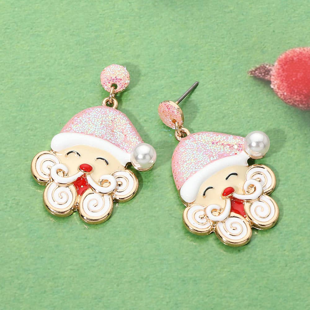 Whimsical Santa Claus Charm Drop Dangle Earrings: Gold,Pink