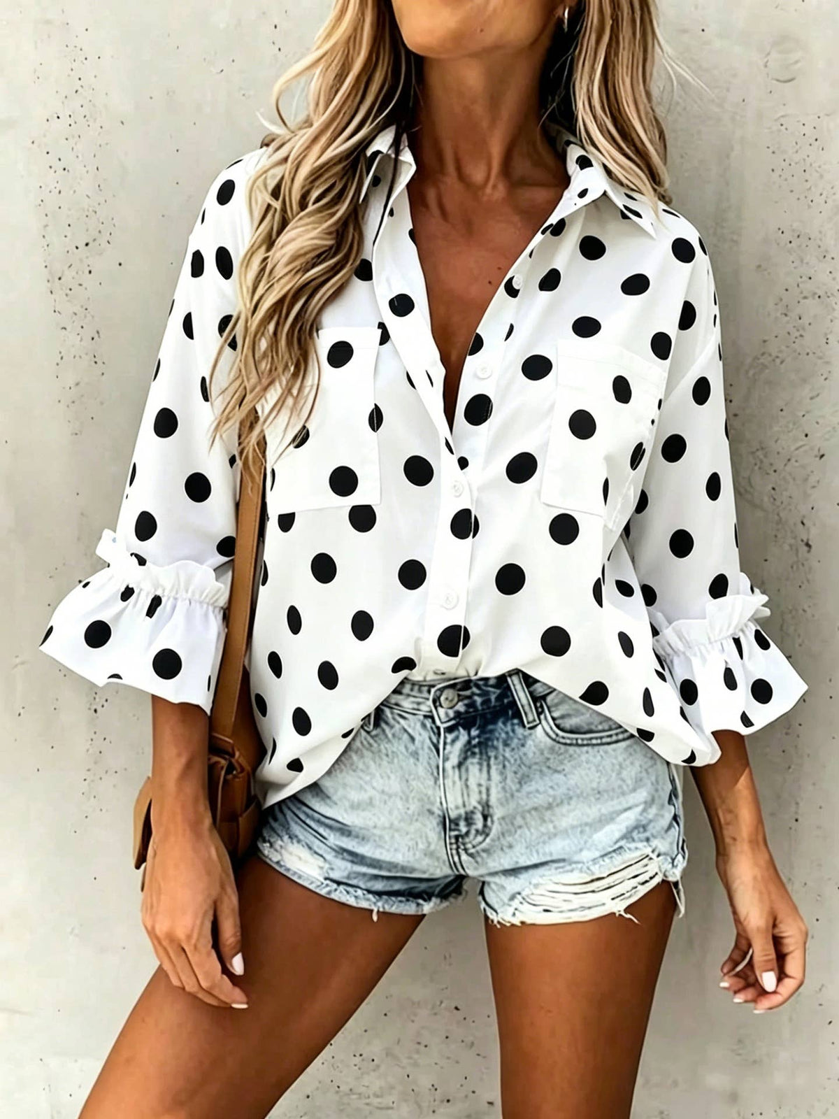 Polka Dot ruffle 3/4 sleeve button up blouse: White