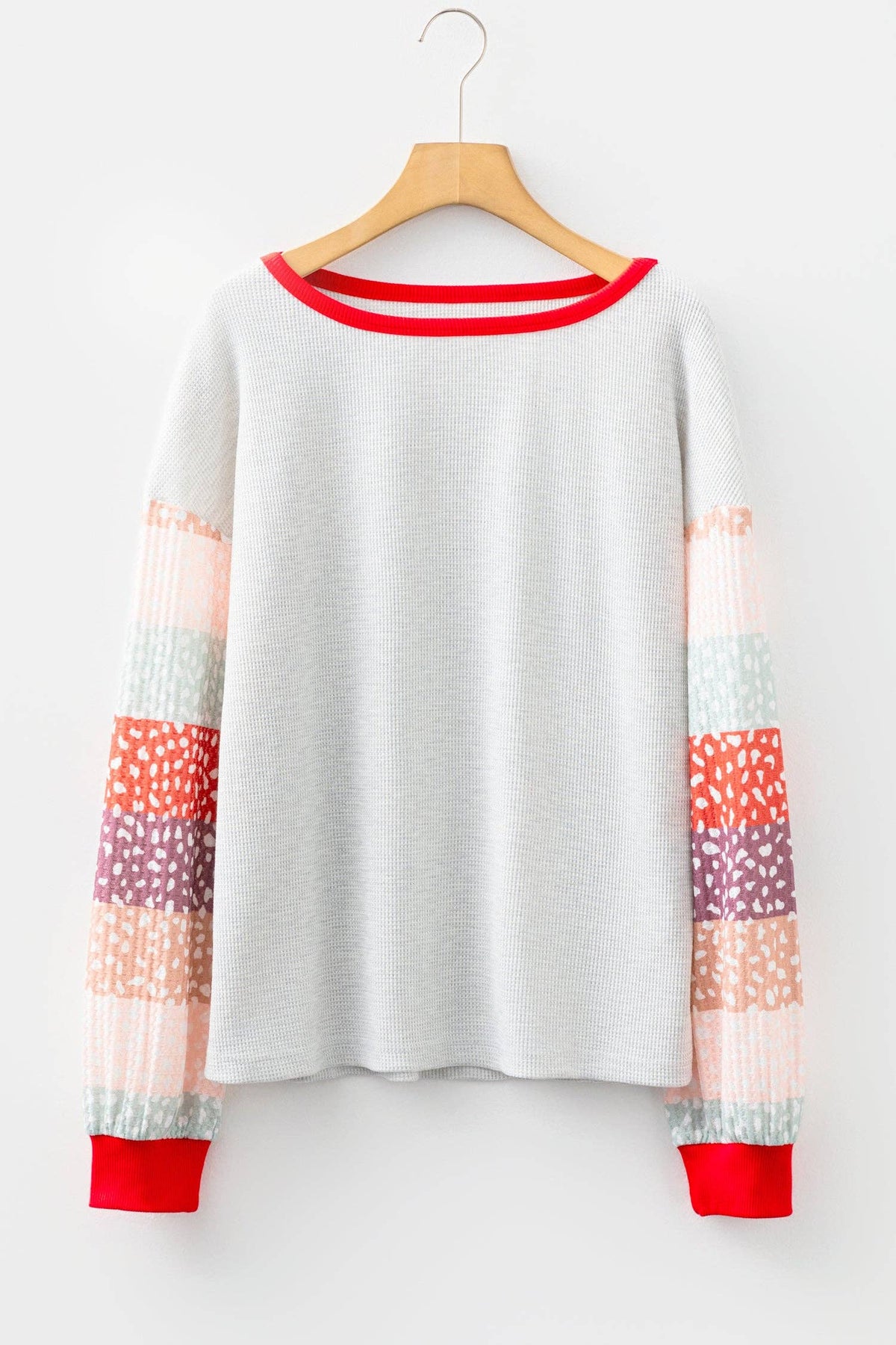Jet Stream Contrast Leopard Color Block Sleeve Loose Pullover: Jet Stream / 75%Polyester+25%Cotton