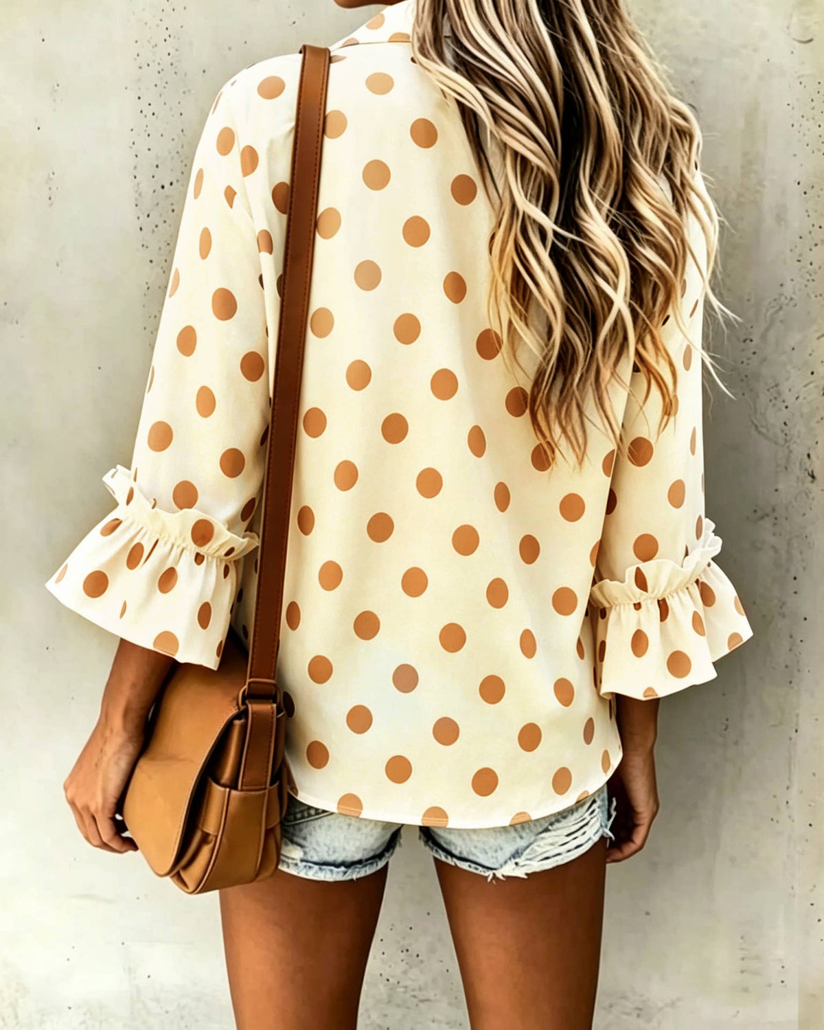 Polka Dot ruffle 3/4 sleeve button up blouse: White