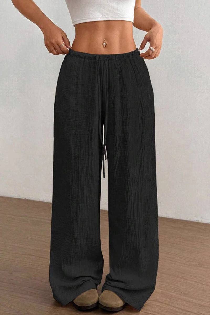 Relaxed Fit Wide-Leg Casual Pants: WINE