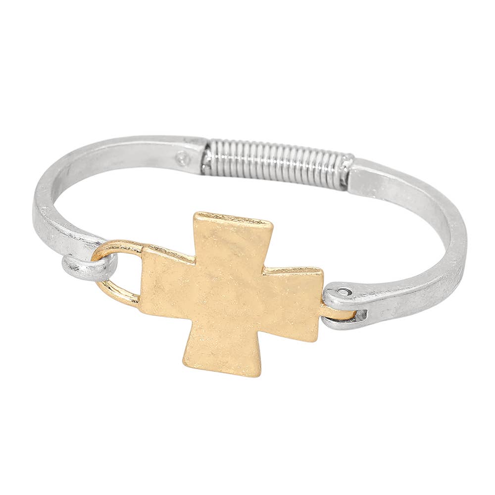 Hammered Metal Cross Accent Hinged Bangle Bracelet: Worn Gold