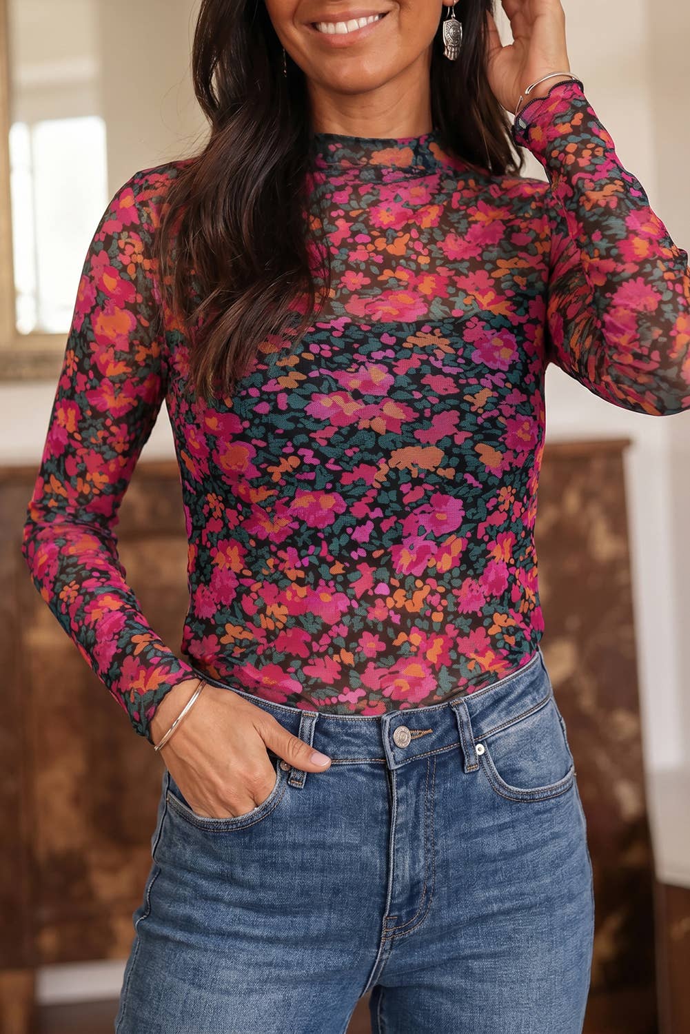 FW 2026 Floral Mesh Long Sleeve Mock Neck Top (S-4X): Camel
