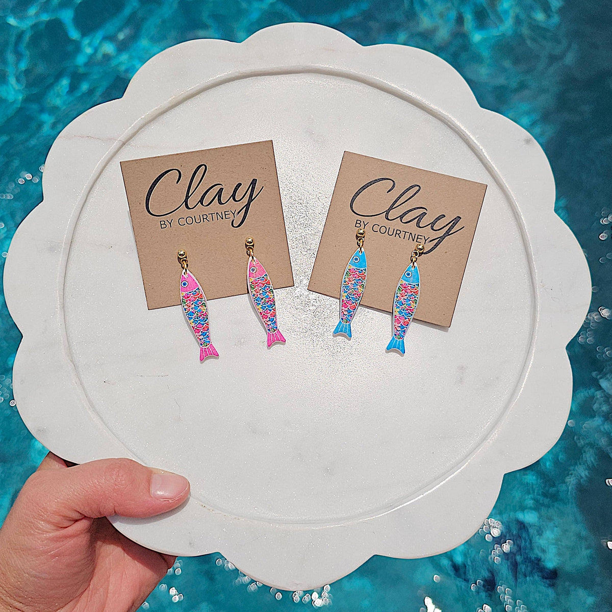 Aqua Blue Multi Colored Scales Clay Fish Earrings