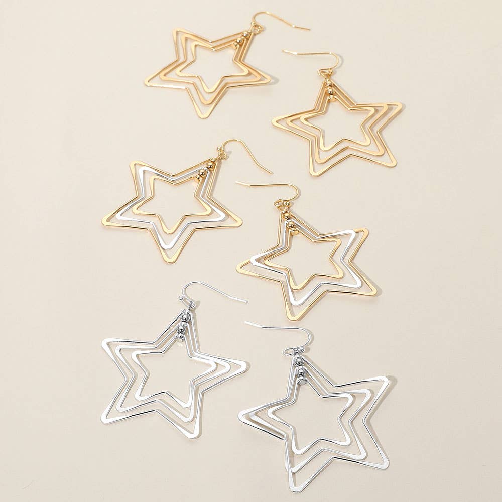 Layered Open Metal Star Dangle Earrings: Multi,Two Tone
