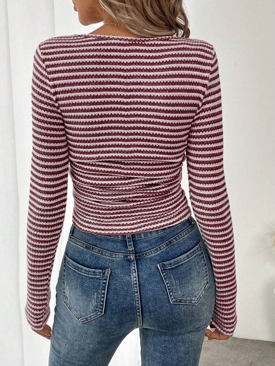 Striped Cotton Knit Top Trendy Fitted Square Neck: Apricot / 65%viscose+ 35%polyester