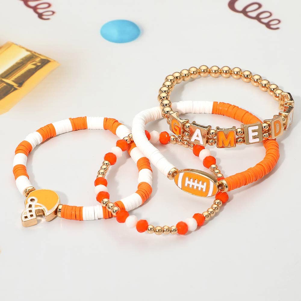 4PCS - GAMEDAY Football Charm Heishi Beaded Stretch Multi Layered Bracelets: Black Burgundy